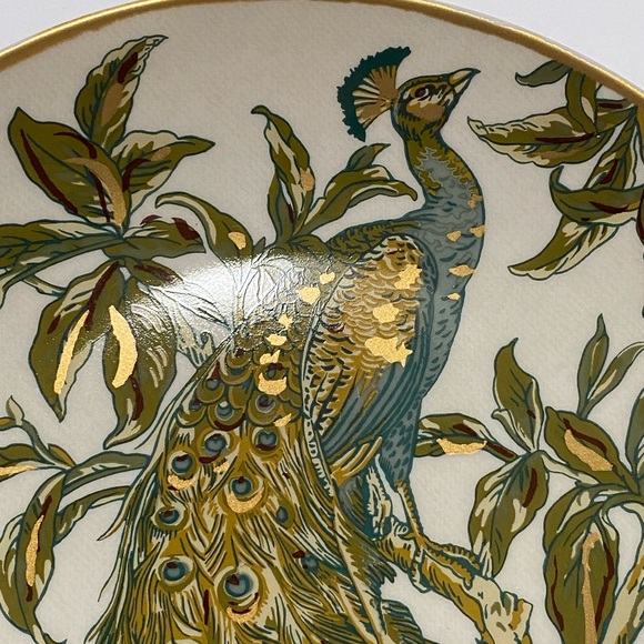 Pottery Barn Peacock Plates 9.5" Art Nouveau Ceramic Green Teal Gold White - Picture 6 of 13